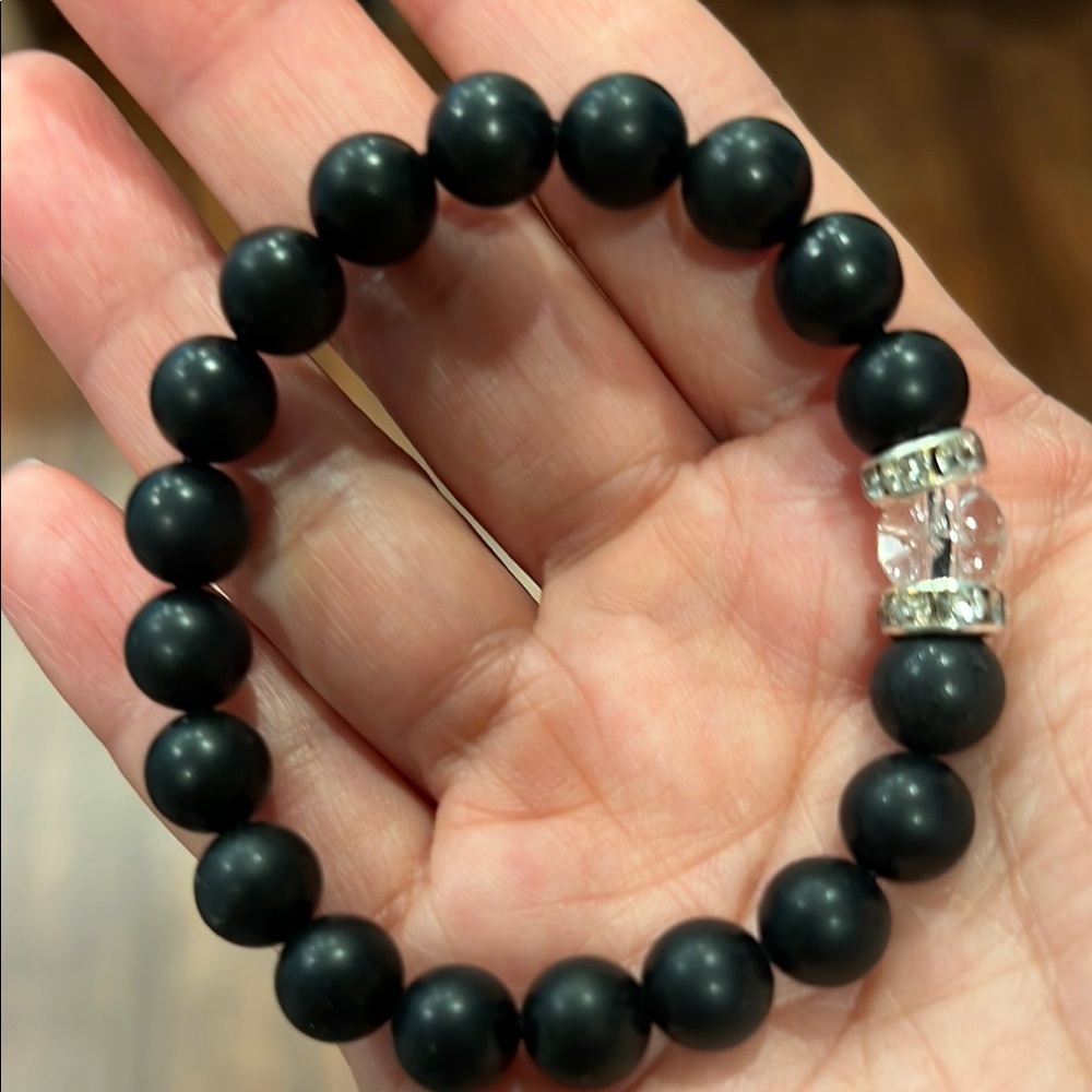 Black Beaded Bracelet with Silver Accents